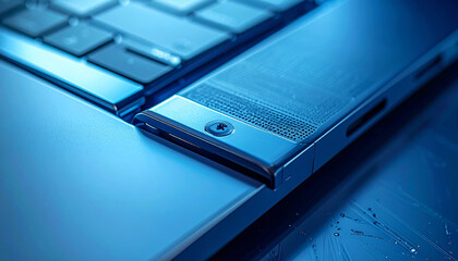 High-Tech Workspace: A modern laptop lies open, its keyboard and sleek design reflecting a futuristic aesthetic, suggesting technological innovation and modern work styles.