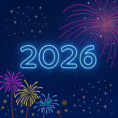 Bright neon 2026 number sign with fireworks and stars