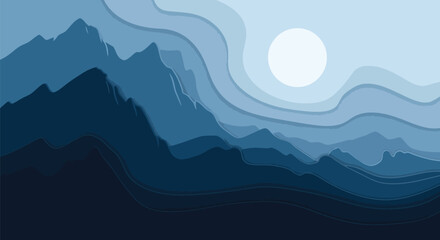 Layered blue mountain landscape with sun