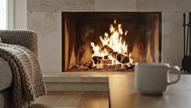 Cozy Fireplace Scene with Coffee Mug and Sofa.