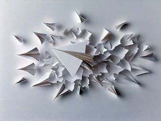 A chaotic scattering of white paper airplanes and torn paper pieces are arranged on a plain white surface.