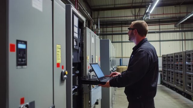 Video A person working on a laptop in a industrial setting, possibly for remote work or data entry