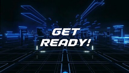 Get ready text in bold white font with blue neon city background and grid pattern - Powered by Adobe