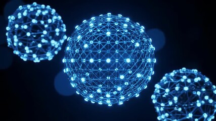 Three abstract blue network spheres on a dark background emit a soft glow. Perfect technology design, with futuristic connection concept and luminous bokeh effects. - Powered by Adobe