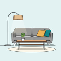 A minimalist living room scene featuring a gray sofa with two cushions, a coffee table with a potted plant, and a floor lamp.