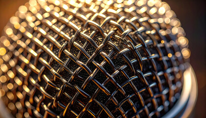 Sonic Sanctuary: A captivating macro view of a microphone's metallic grill, capturing the essence of sound