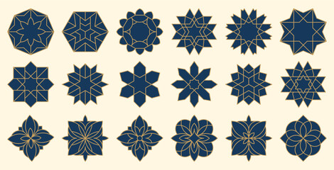 A set of blue Islamic geometric motifs with elegant gold outlines, inspired by traditional Arab design. Perfect for cultural projects, decor, and premium ornamental artwork.