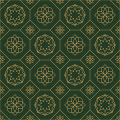 A seamless Islamic geometric pattern in dark green with fine gold lines. Elegant Arab-style motifs create a rich ornamental background perfect for decor, textiles, and luxury designs.