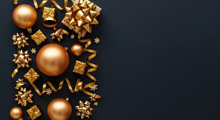 Luxurious golden christmas ornaments and ribbons on a dark background