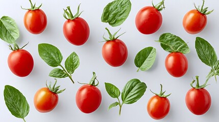 Fresh red tomatoes and vibrant green basil leaves arranged artistically on a light background, showcasing natural produce in a visually appealing composition for culinary inspiration