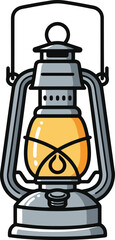 A vintage kerosene or oil lantern icon with a thick black outline, showing a bright yellow glow inside, rendered in a flat vector style.