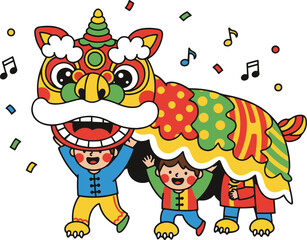 A colorful, flat vector cartoon illustration depicting two happy children performing a vibrant Chinese lion dance amidst falling confetti and music notes.