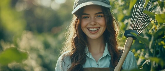 Cheerful young female landscaper in work clothes