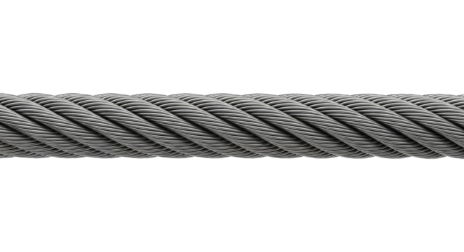 Heavy Duty Steel Cable With Twisted Wire Strands, Cut Out, Clipping Path, Isolated on a Transparent PNG Background.