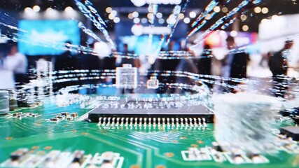 A close-up of a circuit board with digital projections overlaying a blurred event - Powered by Adobe