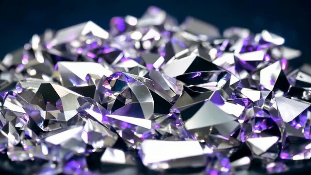 A close-up view of a pile of sparkling, multifaceted gemstones with reflective surfaces and vibrant purple hues