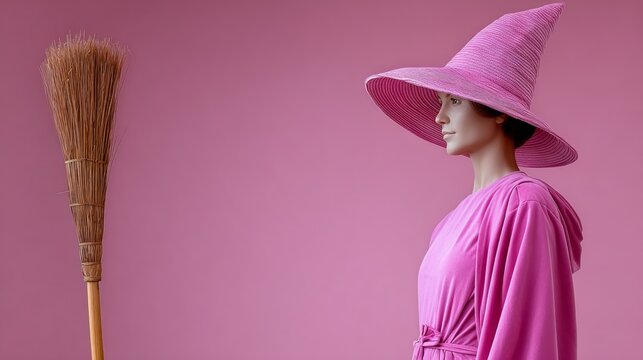 Female figure in vibrant pink attire and oversized hat stands beside a broom against a soft pink background, embodying a whimsical and magical atmosphere with a playful aesthetic