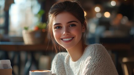 Joyful young woman enjoying coffee at cafe