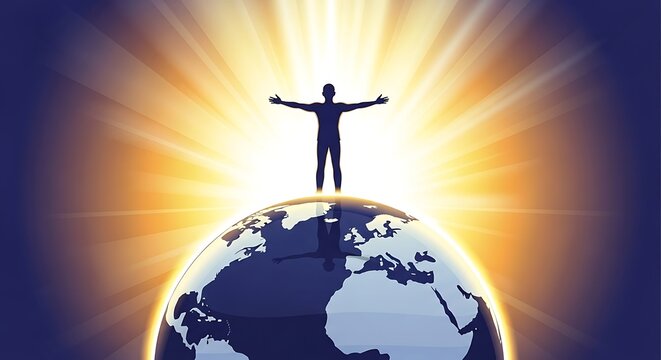 Silhouette of a person standing on top of the Earth with bright light radiating outwards.