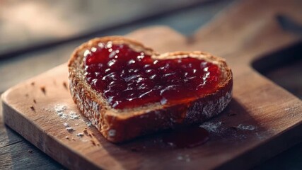 Video Freshly baked heart-shaped bread on a clean cutting board, perfect for baking or cooking demonstrations