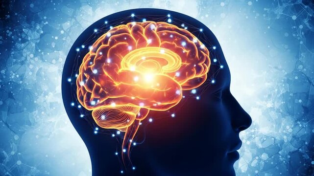 Glowing human brain silhouette inside a head profile with interconnected neural network and bright light symbolizing intelligence, thought, and consciousness in blue background - Powered by Adobe