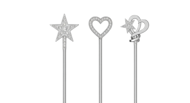Set of three fancy cocktail picks with stars and hearts, 3D realistic