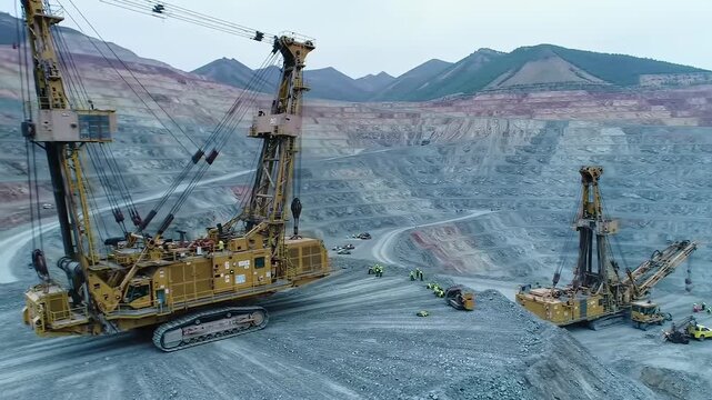 Aerial view of mining machines at a rock quarry. Large industrial crawlers and equipment at a work site with mountains in the background under a cloudy sky.