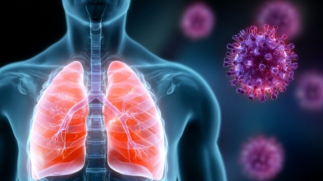 Human respiratory system illustration, showcasing detailed lungs with vibrant colors, surrounded by floating virus particles, emphasizing health and disease interaction in a scientific context