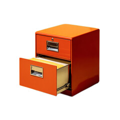 Isolated Orange File Cabinet Drawer with Open Compartment Showcasing Organized Documents and Bright Color Contrast on a Clean Background