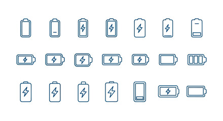 Battery icons set charge indicators for energy and power concepts