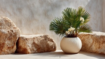 Potted tropical plant with lush green leaves and delicate white flowers, positioned between large textured stones in a minimalist indoor setting, creating a serene and natural atmosphere