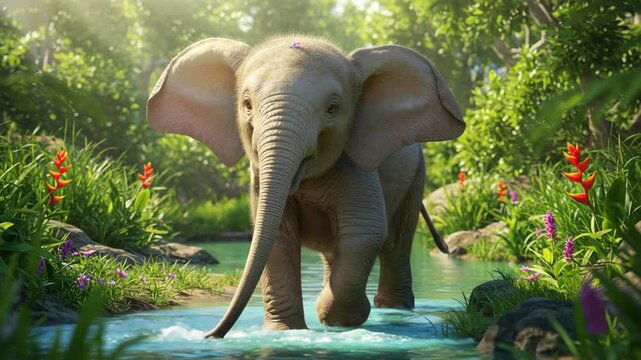 A young elephant peacefully walks through a lush jungle stream, surrounded by vibrant greenery and colorful flowering plants, capturing tranquil wildlife scenery.
