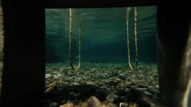 An underwater view shows a concrete frame with rope swings, resting on a rocky riverbed