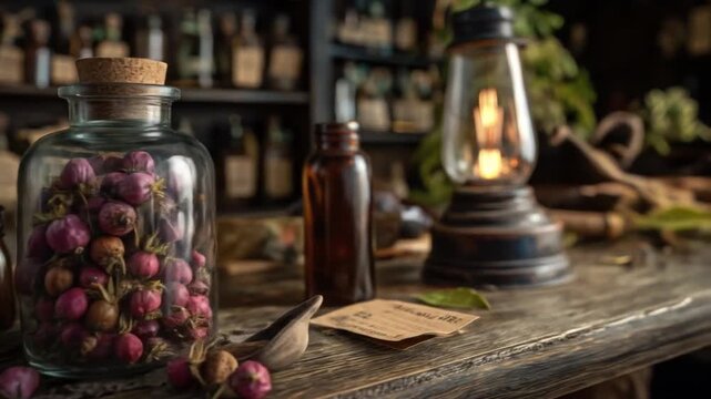 A rustic wooden tabletop displaying various apothecary supplies like jars, lanterns, and dried ingredients