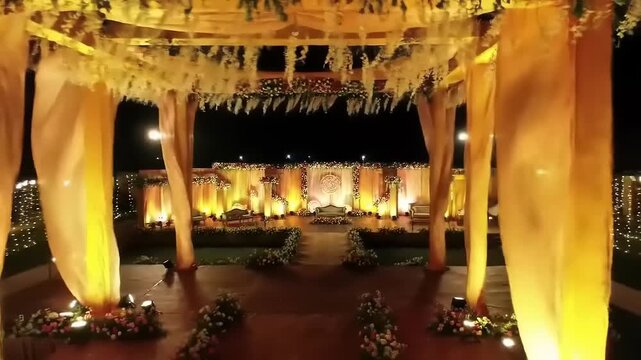 Evening outdoor wedding stage setup.