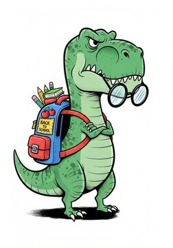 Tyrannosaurus Rex Reluctant Back to School - A cartoon tyrannosaurus rex wearing a backpack and glasses appears to be reluctant about going back to school.