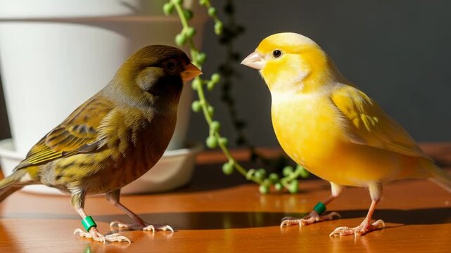 Two domestic canaries, one greenbrown and one bright yellow, standing on a wooden surface indoors with soft natural light