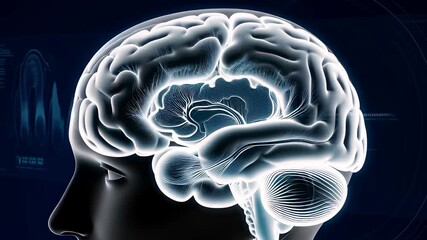 Futuristic medical MRI scan of a human head profile revealing a glowing 3D brain through a blue holographic interface, illustrating neurology and AI concepts. - Powered by Adobe