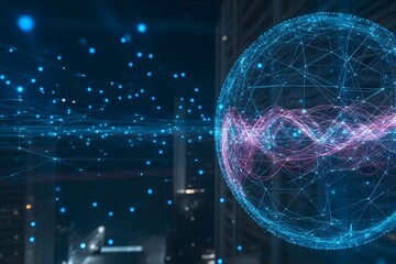 Abstract technology background with a glowing sphere and data stream futuristic network concept for digital communication and innovation against a blurred cityscape