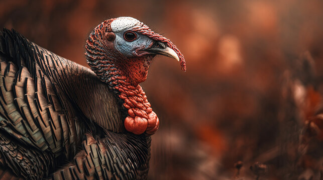 Close up view of a turkey with detailed feathers and colorful head in a blurred background