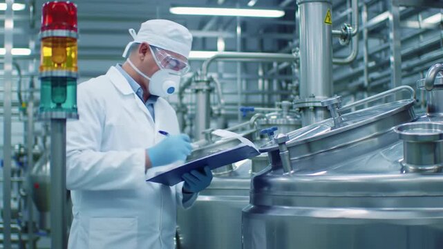 Asian man in lab coat writing in a pharmaceutical factory with stainless steel tanks. Features protective gear and colorful signal lights. Focus on industrial manufacturing.
