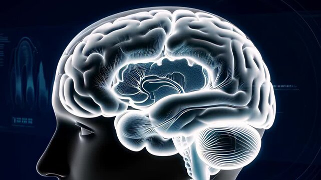 Futuristic medical MRI scan of a human head profile revealing a glowing 3D brain through a blue holographic interface, illustrating neurology and AI concepts. - Powered by Adobe