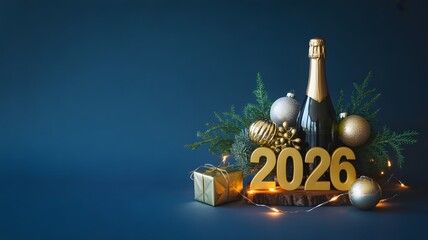 Festive 2026 New Years Eve celebration featuring golden numbers champagne bottle and ornaments perfect for holiday greetings and inv
