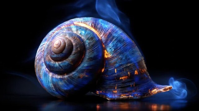 A luminescent conch shell with blue and orange highlights, surrounded by wispy blue smoke