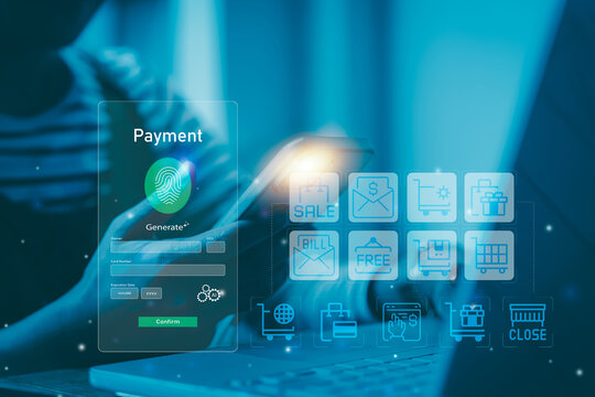 Businesswoman using mobile device for biometric fingerprint payment authentication,digital transaction and virtual online shopping icon AI fintech interface.Concept Banking application global online