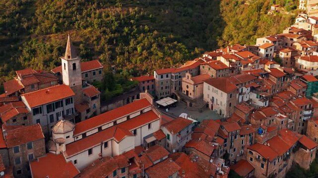Aerial view of the picturesque hilltop town of Apricale, Liguria, Northern Italy