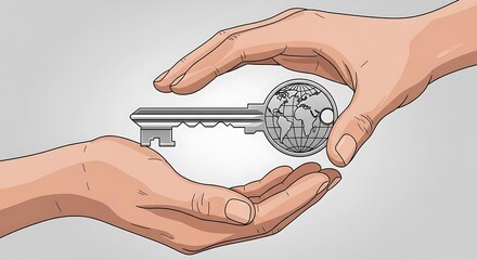 Hands exchanging a key with a globe design symbolizing global access and opportunity.