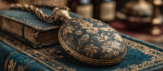 Antique Floral Pocket Watch on a Book with Decorative Gold Detailing