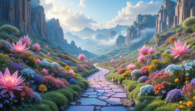 pastel rainbow pathways in a fairy tale valley, smooth cotton-light atmosphere, glowing fantasy plants, no humans"
