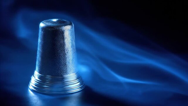 Illuminated metal thimble against deep blue backdrop. Rippled texture on surface. Circular detail at base